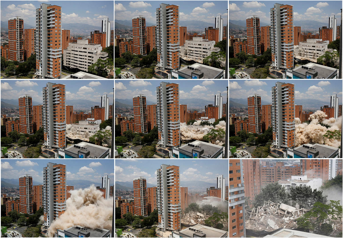 A combination picture shows the demolition of the Monaco building, former home of the late drug lord Pablo Escobar, in Medellin, Colombia February 22, 2019. REUTERS/David Estrada Larraneta NO RESALES. NO ARCHIVES