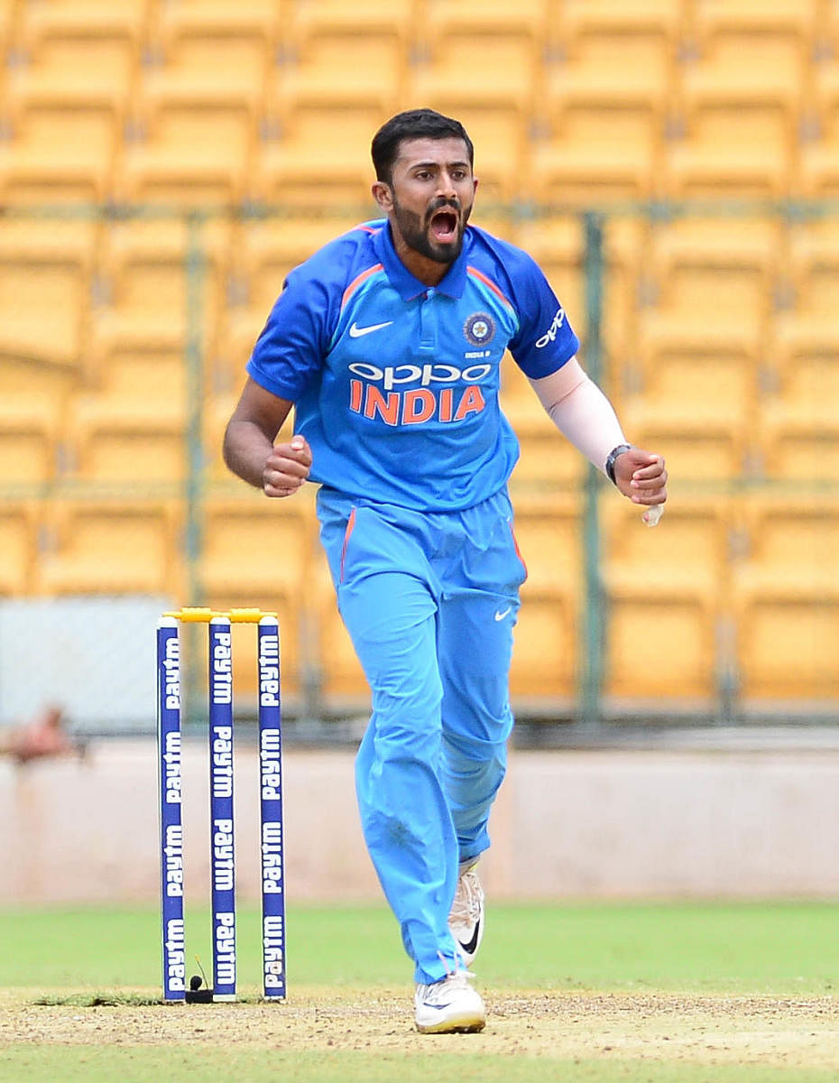 MAKING A POINT Shreyas Gopal returned to action with a five-wicket haul to set up Karnataka 146-run win over Arunachal Pradesh in Cuttack on Sunday. DH File Photo