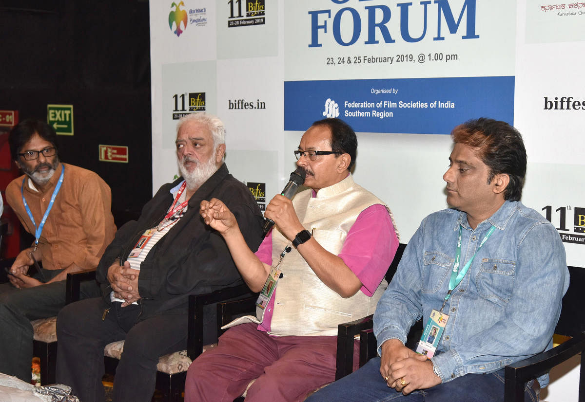 (From left) Filmmakers Sudarshan Narayana, Rahul Rawali,Nagathihalli Chandrasekhar and Somendra Harsh discussed the role of film festivals and the need to promote its culture on an international level. dh photos by S K Dinesh