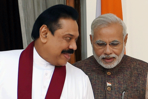 Prime Minister Narendra Modi with President of Sri Lanka Mahinda Rajapaksa during a meeting at Hyderabad House in New Delhi on Tuesday. PTI Photo