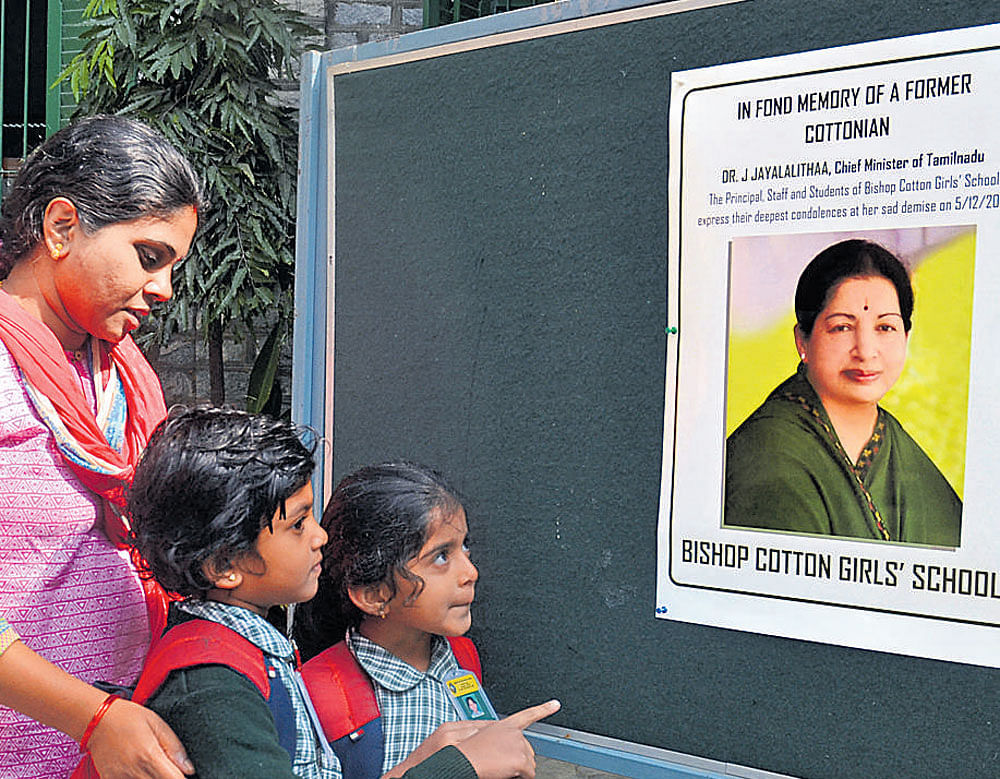 to amma with love: Students of Bishop Cotton Girls' School pay homage to Tamil Nadu  Chief Minister J Jayalalithaa, a former student of the school, in Bengaluru on Tuesday. dh photo