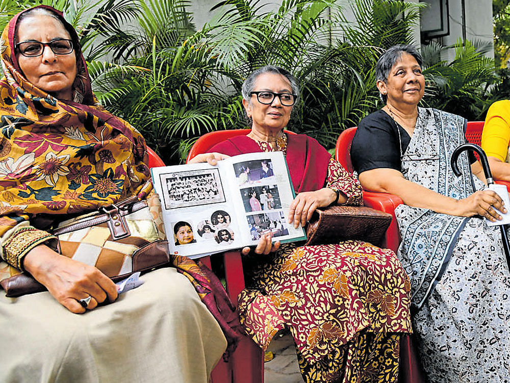 (Top) Jayalalithaa's classmates show rare pictures of the late Tamil Nadu chief minister during a memorial service at the Bishop Cotton Girls' School in Bengaluru on Wednesday. DH Photo