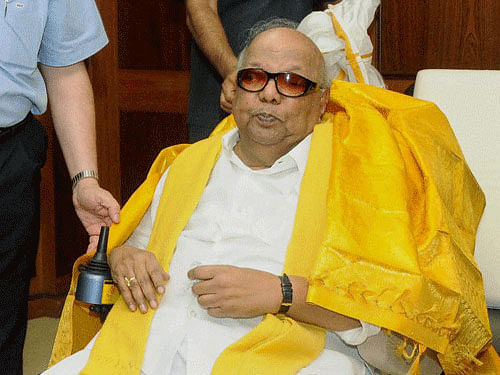 Karunanidhi was yesterday discharged from Kauvery hospital here after a week-long treatment for nutritional and hydration support.PTI File Photo.