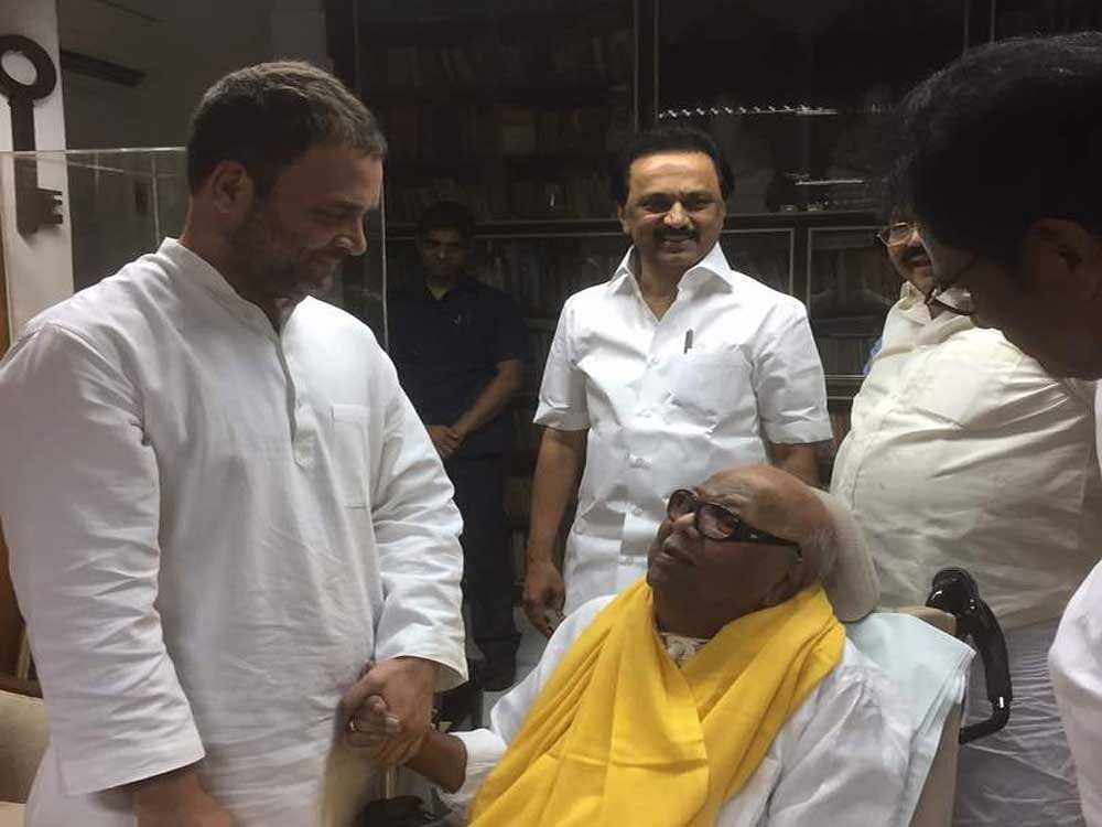 Rahul, who was on a two-day visit to the city participated in the 94th birthday celebrations of Karunanidhi at Royapettah on Saturday evening, also enquired Karunanidhi's health condition. Deccan Herald photo