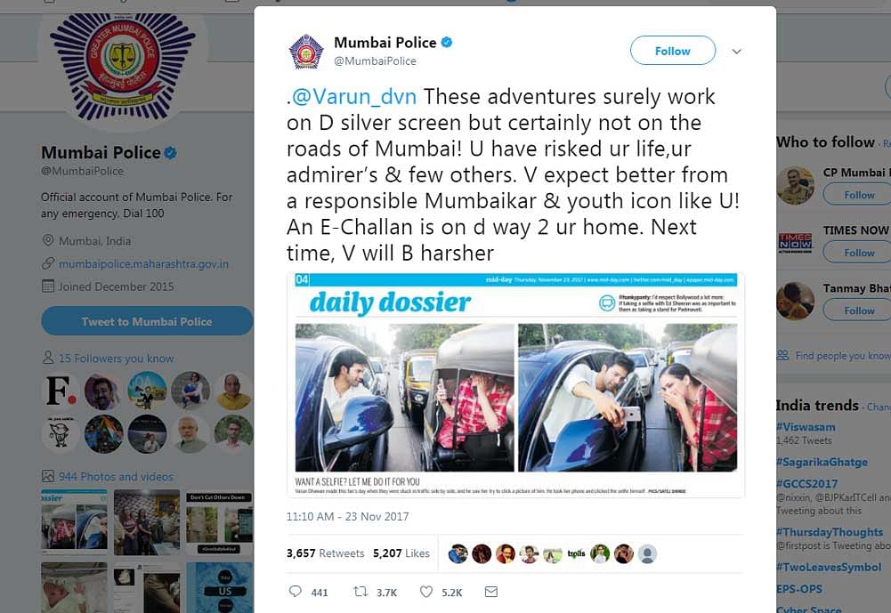Two photos, featured by a Mumbai daily, showed Varun taking a selfie with a fan amid busy Mumbai traffic, while apparently not wearing a seat belt.