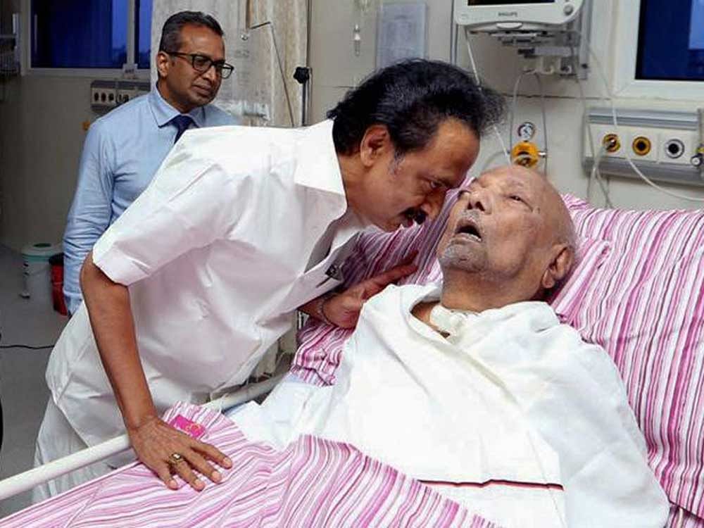 Doctors said Karunanidhi, who was rushed to the hospital in the wee hours of Saturday last due to drop in his blood pressure, continues to be in the Intensive Care Unit. PTI file photo