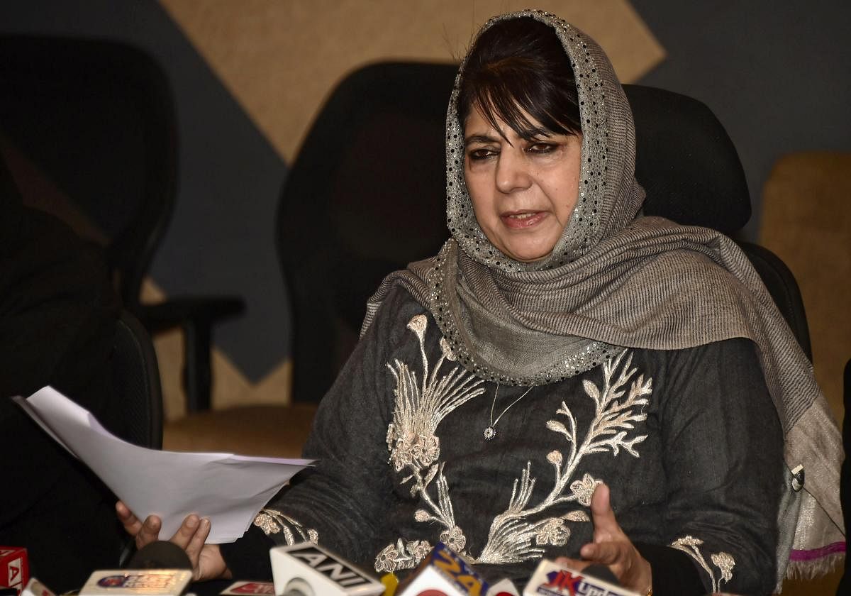 Peoples Deomocratic Party (PDP) president Mehbooba Mufti addresses a press conference in Srinagar on Monday. PTI photo 
