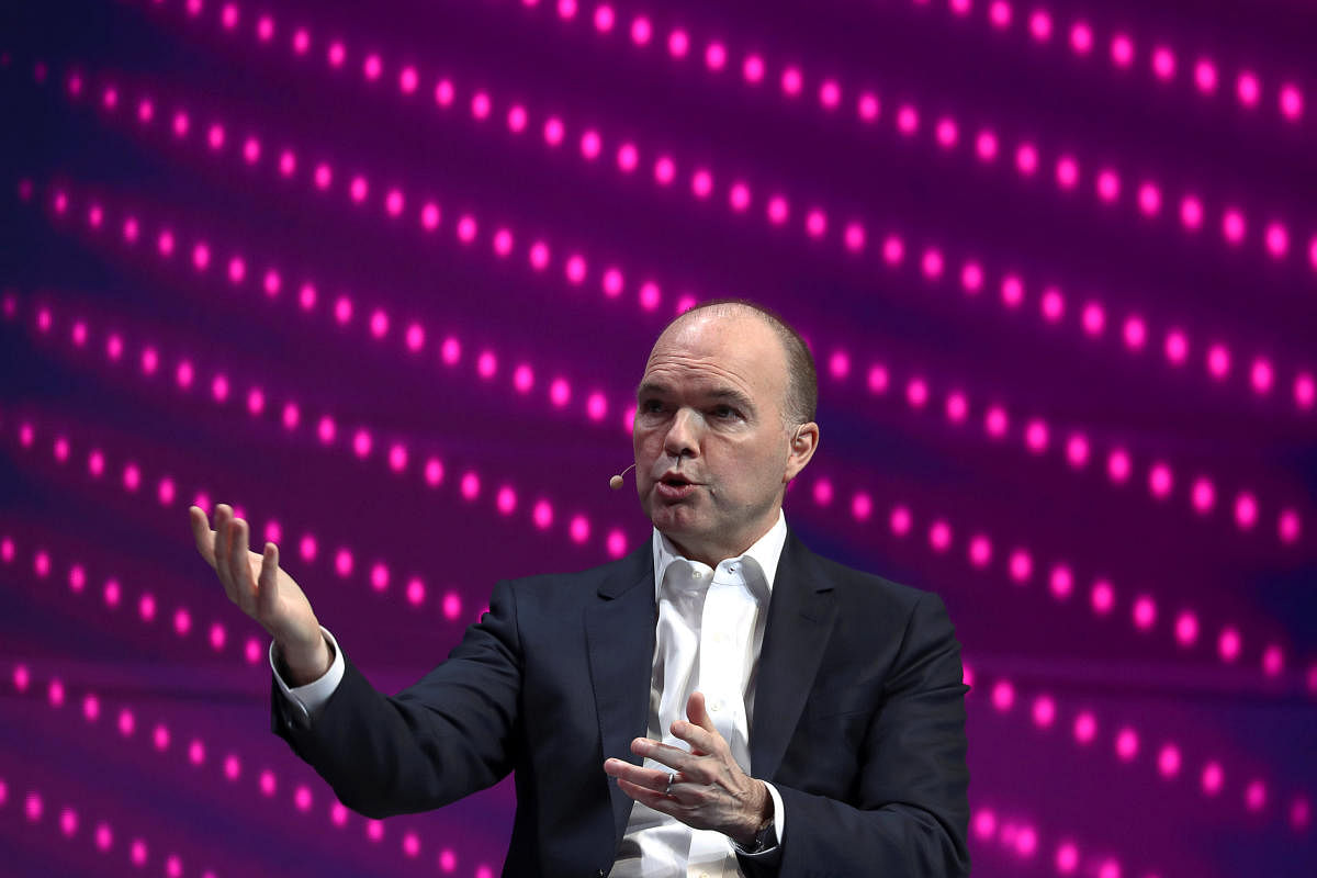 Nick Read, Chief Executive Officer of Vodafone, gestures as he speaks during the Mobile World Congress in Barcelona, Spain February 25, 2019. REUTERS