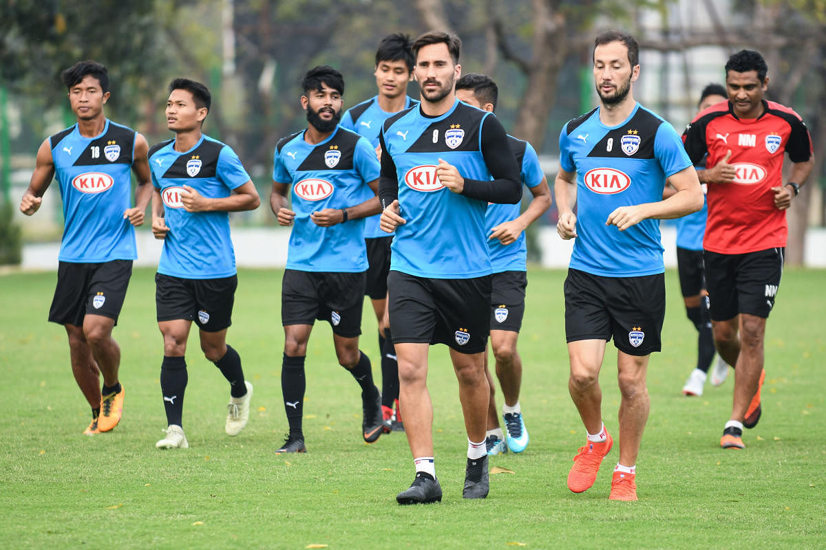 Bengaluru FC players train at the Tata Football Academy on the eve of their clash against Jamshedpur FC. 