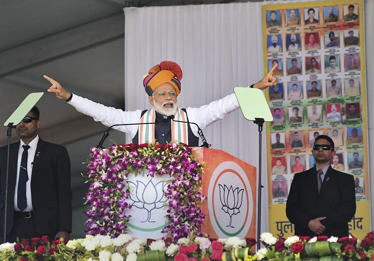 Prime Minister Narendra Modi addresses a public rally in Churu, Rajasthan, Tuesday, Feb 26, 2019. (PTI Photo)