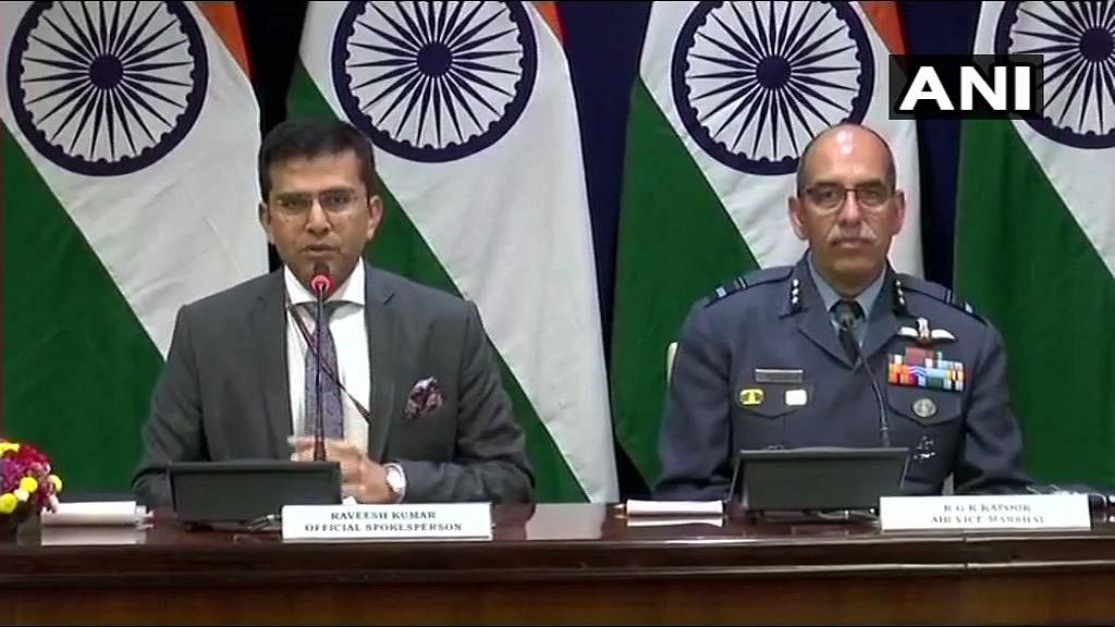 In a very brief press statement, External Affairs Ministry Spokesperson Raveesh Kumar, accompanied by Air Vice Marshal R G K Kapoor, also said details are being ascertained about Pakistan's claim of having captured one Indian pilot. (Image: ANI/Twitter)