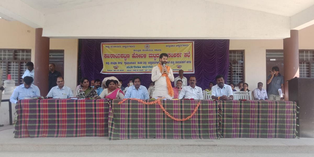 MLA C T Ravi speaks at a Janasamparka Sabhe at Sakharayapattana on Tuesday.