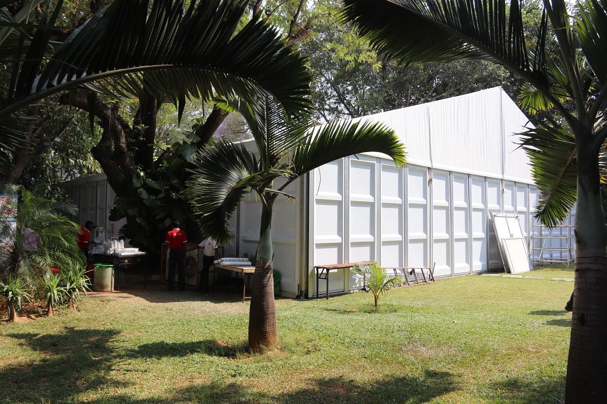 A prefabricated structure is set up on the grounds of the Lalith Ashok Hotel in the city to house exhibits brought in by Asean delegates on Tuesday.