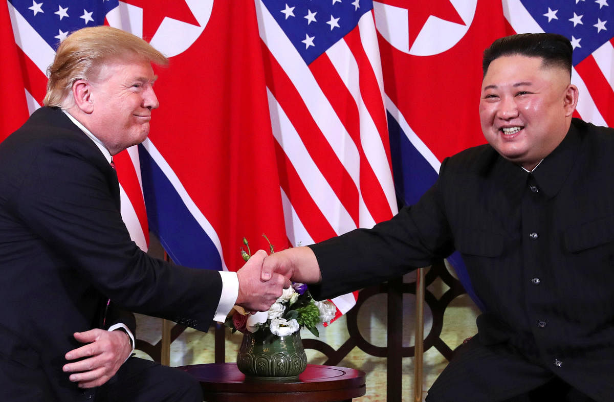 U.S. President Donald Trump and North Korean leader Kim Jong Un shake hands before their one-on-one chat during the second U.S.-North Korea summit at the Metropole Hotel in Hanoi, Vietnam. (Reuters Photo)