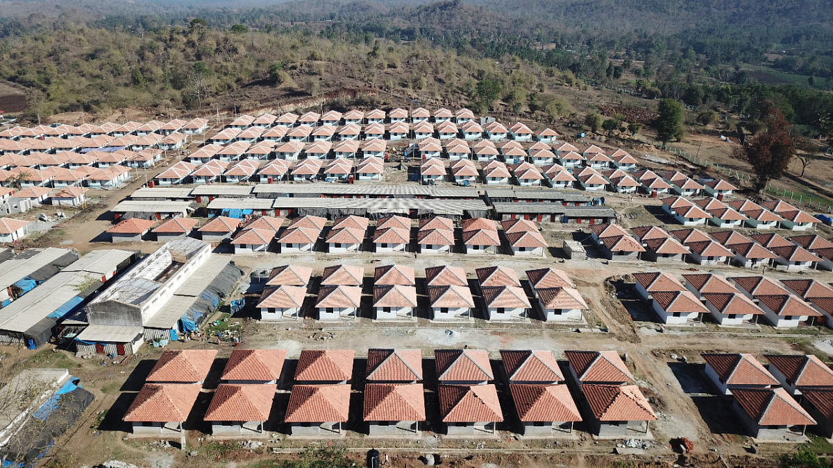An aerial view of the newly constructed houses in Basavanahalli rehabilitation site near Kushalnagar.