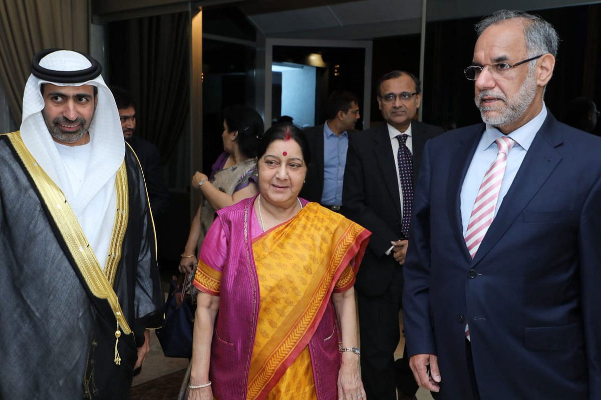 External Affairs Minister Sushma Swaraj is in Abu Dhabi to attend the foreign ministers' meet of the Organisation of Islamic Cooperation (OIC) states where she is expected to raise the issue of terrorism, amidst Indo-Pak tensions following the Pulwama terror attack. picture courtesy @DDNewsLive 