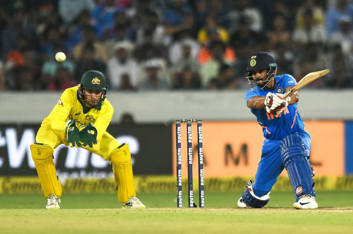 MERCURIAL: India's Kedar Jadhav slams one to the fence en route his unbeaten 81 in the first ODI against Australia at the Rajiv Gandhi International stadium in Hyderabad on Saturday. AFP 
