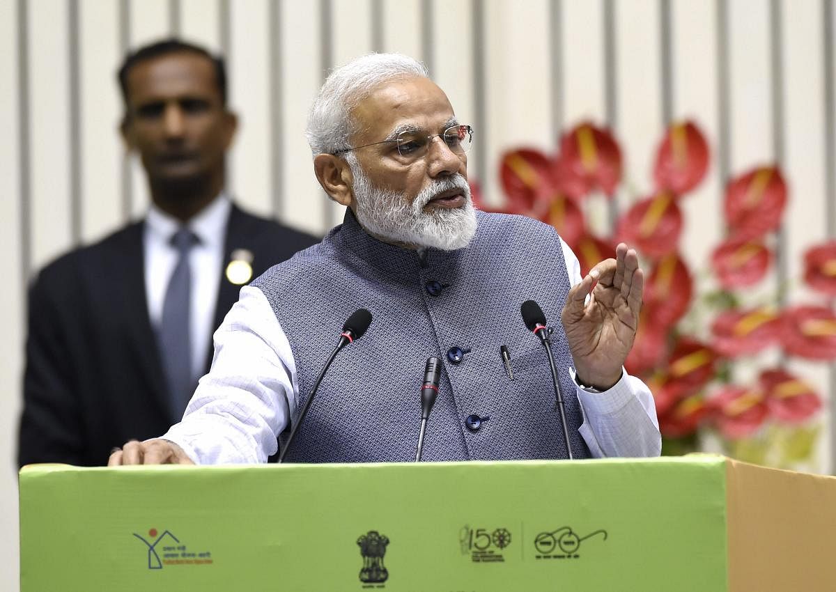 Prime Minister Narendra Modi addresses Construction Technology India 2019 on 'Global Housing Technology Challenge', in New Delhi on Saturday. (PTI Photo)