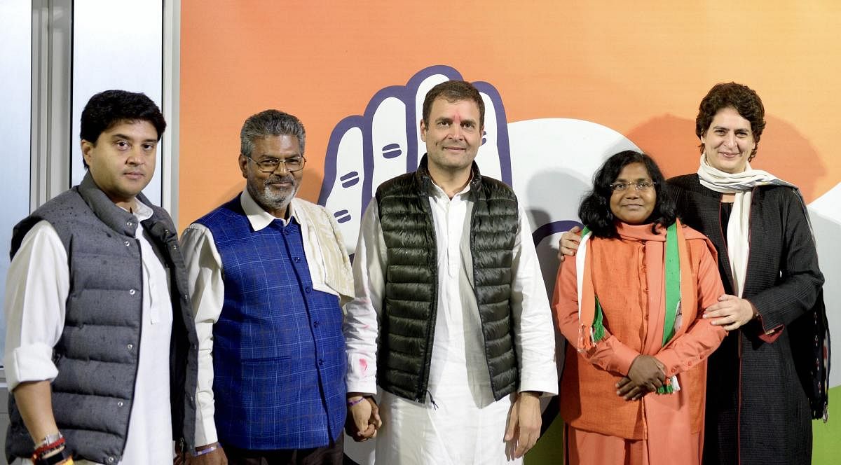 Congress President Rahul Gandhi, AICC general secretary Priyanka Gandhi Vadra and Jyotiraditya Scindia with Bahraich MP Savitri Bai Phule and former Fatehpur's MP Rakesh Sachan in New Delhi on Saturday. PTI