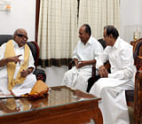 Union Ministers AK Antony and P Chidambaram meet DMK chief M Karunanidhi at his residance in Chennai on Monday. PTI Photo