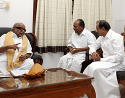 Chennai: Union Ministers AK Antony, Ghulam Nabi Azad and P Chidambaram meet DMK chief M Karunanidhi at his residance in Chennai on Monday. PTI Photo
