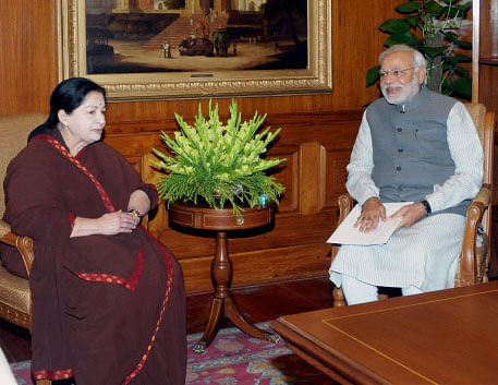 A day after Tamil Nadu Chief Minister Jayalalitha met Prime Minister Narendra Modi and left the South Block with a happy note, speculations were abuzz on Wednesday that the BJP is going all out to ensure the AIADMK's support for its regime. PTI photo