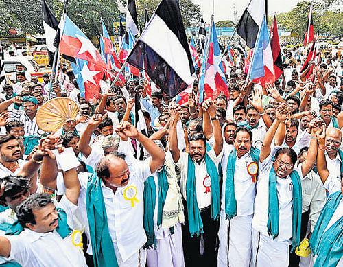 Members of various political parties along with farmers protest against the Karnataka government's dam schemes in Chennai on Wednesday. PTI