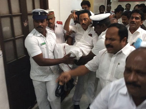 The Opposition party MLAs were protesting against AIADMK MLA Gunasekaran remarks on Stalin. ANI Photo