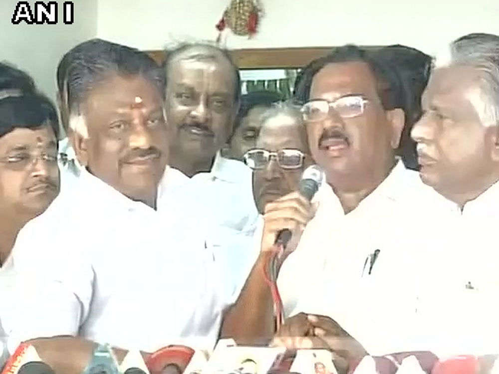Pandiarajan, the suave face of the AIADMK, arrived at the Greenways Road residence of Panneerselvam with his supporters and joined his group in the presence of other dissident leaders, including former Minister K P Munsamy and Rajya Sabha MP V Maithreyan. ANI Photo