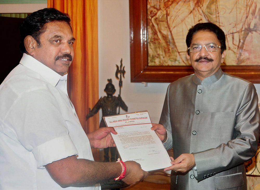 AIADMK Legislature Party leader 'Edappadi' Palaniswami meets Tamil Nadu Governor Ch Vidyasagar Rao to stake his claim to form a government in Chennai. PTI