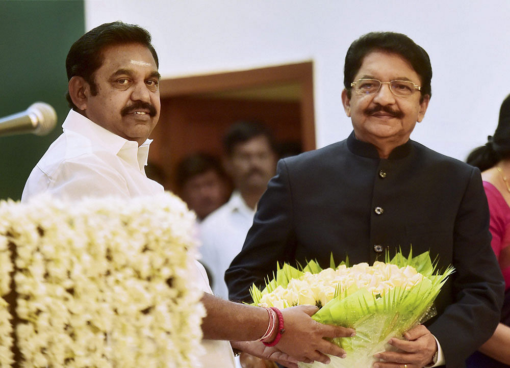 Edappadi K Palaniswami with Governor Ch Vidyasagar Rao after he took oath as the chief minister of Tamil Nadu in Chennai on Thursday. PTI
