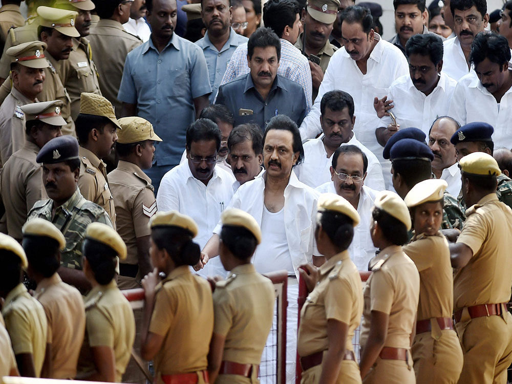 Opposition party leader in Tamil Nadu Assembly, M K Stalin leaves as torn shirt after the ruckus experienced during the confidence of vote was taken outside Fort St George in Chennai on Saturday. PTI Photo