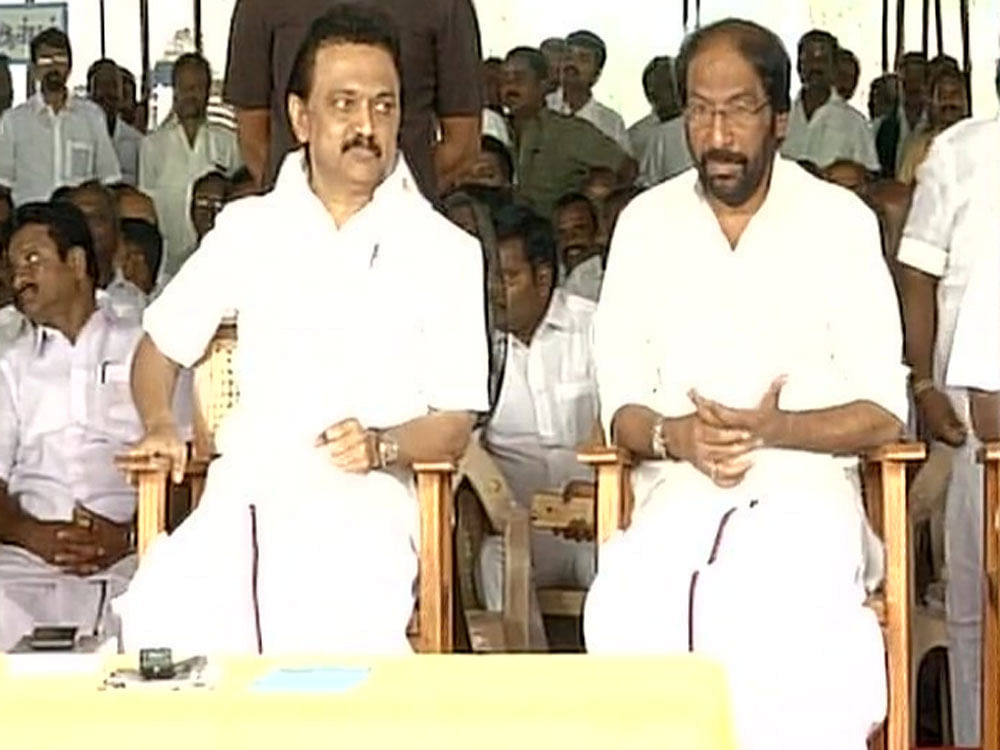 Stalin, alongwith senior leader K N Nehru began the fast at 9 am at Uzhavar Sandhai grounds here. IUML leader K M Kader Mohideen and those belonging to G K Vasan-led Tamil Maanila Congress are also participating in the hunger strike. Picture courtesy ANI