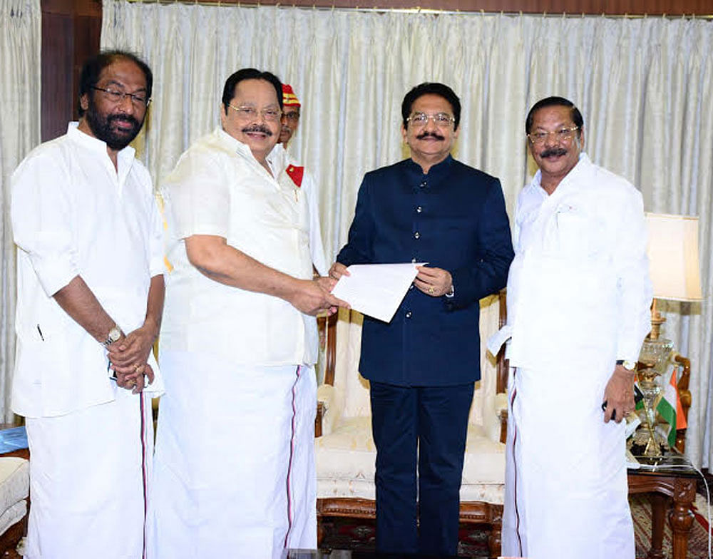 A group Parlimentarians from DMK led by R S Bharathi and comprising TKS Elangovan and Tiruchi N Siva met Governor Rao at Raj Bhavan, who is in Mumbai, and presented a memorandum in this regard. DH photo