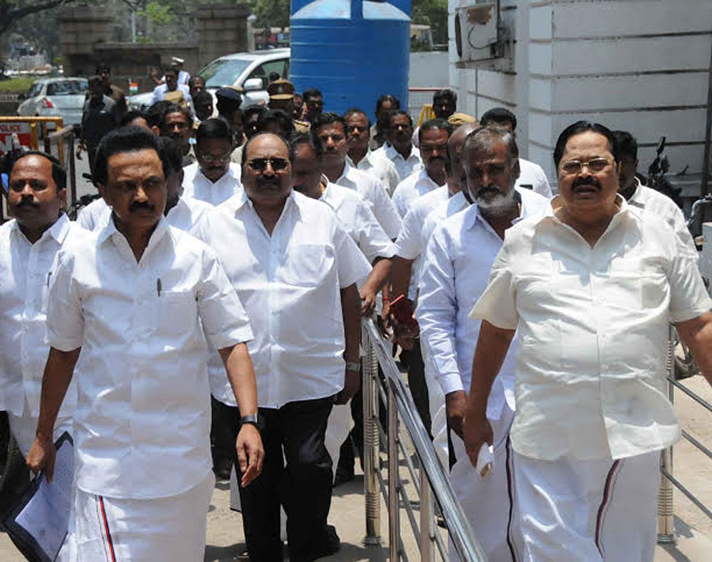 DMK working president M K Stalin leading a team of his party MLAs to meet the Speaker. Deccan Herald Photo