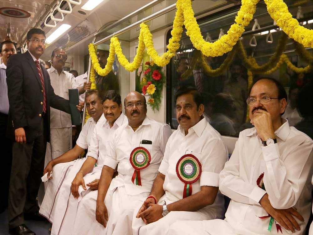 Union Urban Development Minister M Venkaiah Naidu, Chief Minister K Palaniswami and his colleagues taking the first ride after flagging off the first underground metro rail service from Thirumangalam to Nehru Park in Chennai on Sunday. PTI Photo