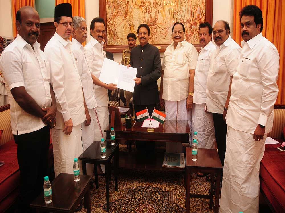 After the opposition DMK's vain attempt to raise the issue of 'cash for MLAs' in the Tamil Nadu Assembly for the last three days, party's working president M K Stalin on Saturday evening petitioned the Governor C Vidyasagar Rao to issue fresh orders for confidence of motion in the House to prove ruling AIADMK's strength. Deccan Herald photo