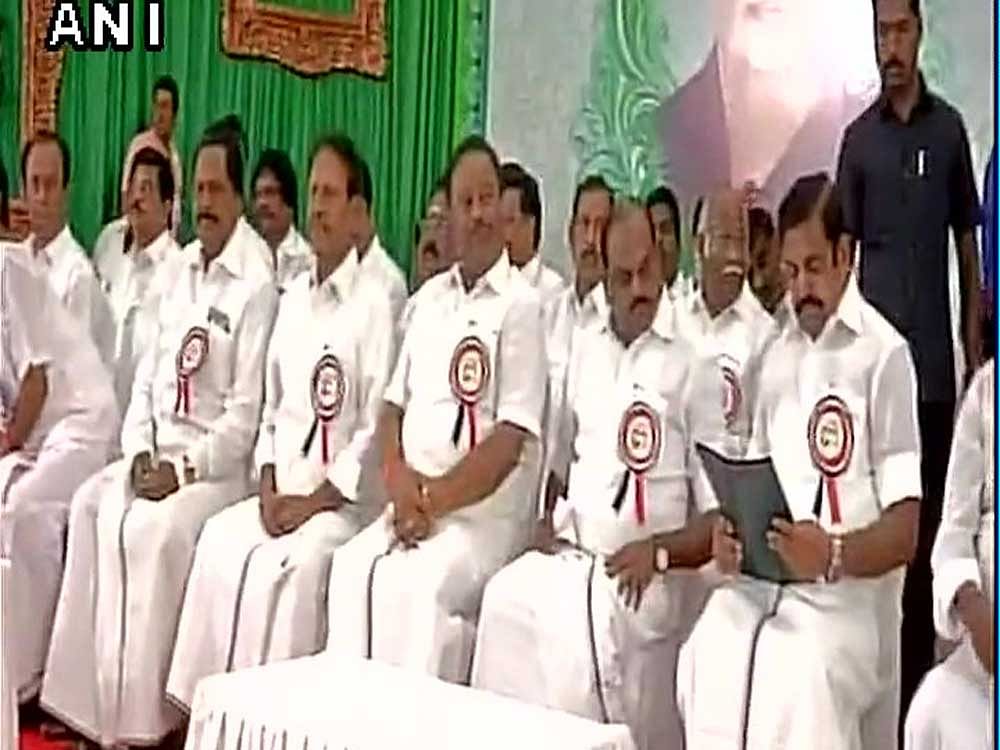 Chief minister Edappadi K palaniswami and his deputy O Panneerselvam were among the senior leaders who arrived early to the meeting venue. ANI picture