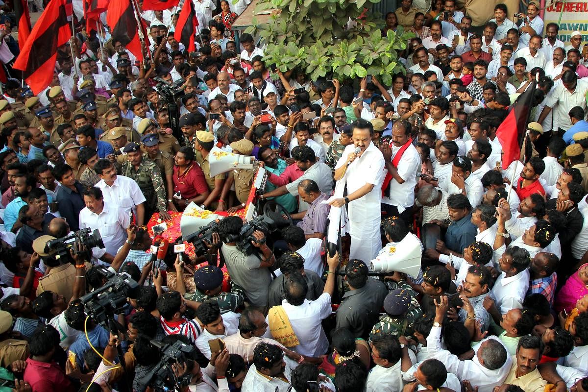DMK Working President M K Stalin campaigning for the party candidate Maruthu Ganesh at the Dr Radhakrishnan Nagar constitutency in Chennai on Sunday. PTI
