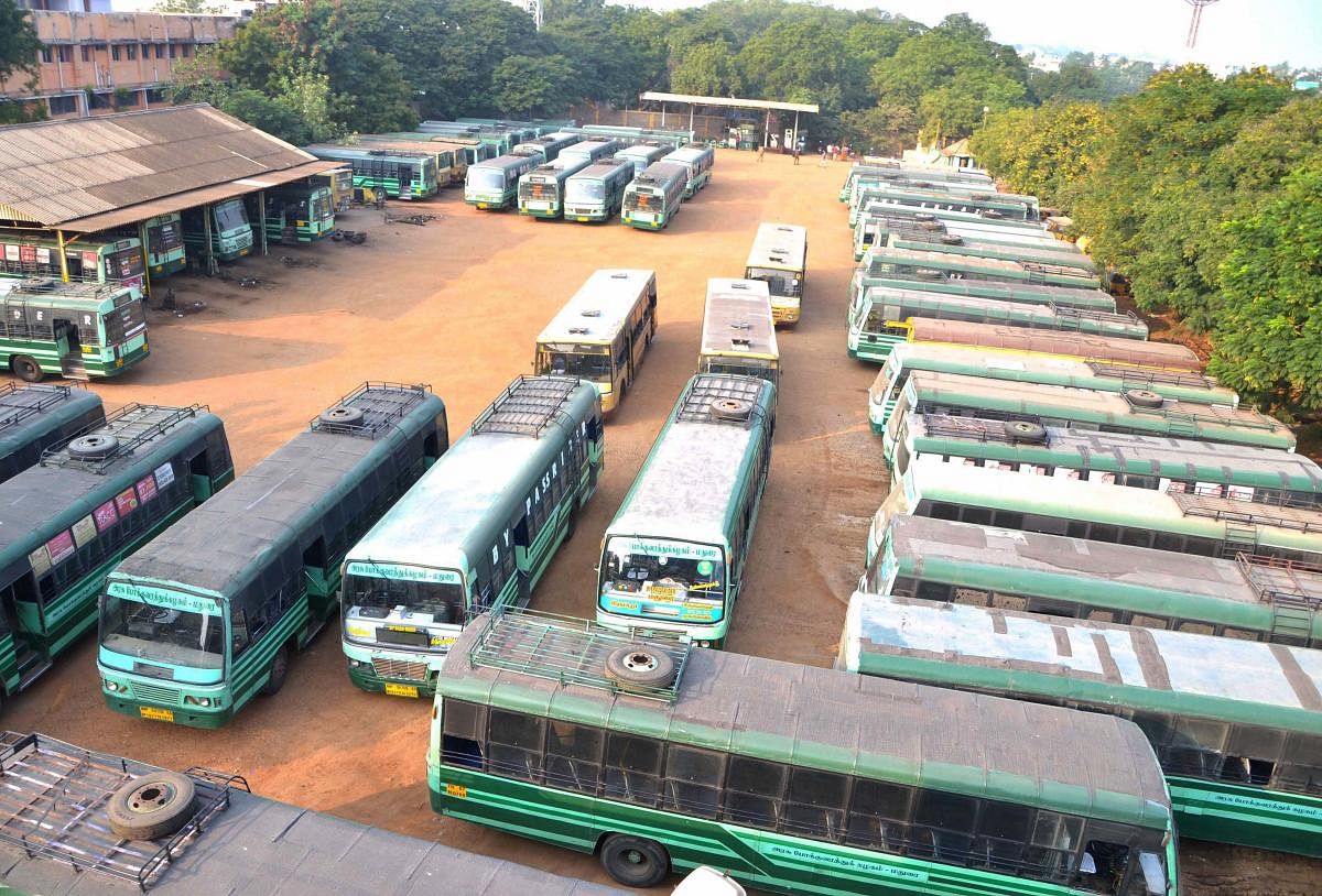 Buses remain parked at the depot following a flash strike by Tamil Nadu State Transport Corporation (TNSTC) employees, in Madurai on Friday. PTI Photo