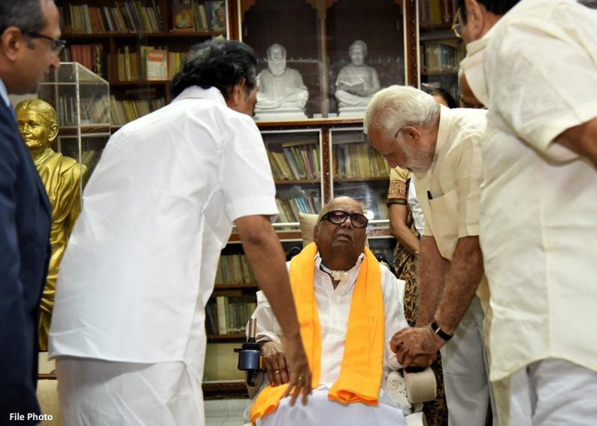 Modi, who called on Karunanidhi in November last year at his residence in Chennai, extended his greetings on social networking site Twitter and shared an image of his meeting with the DMK veteran. Image courtesy Twitter