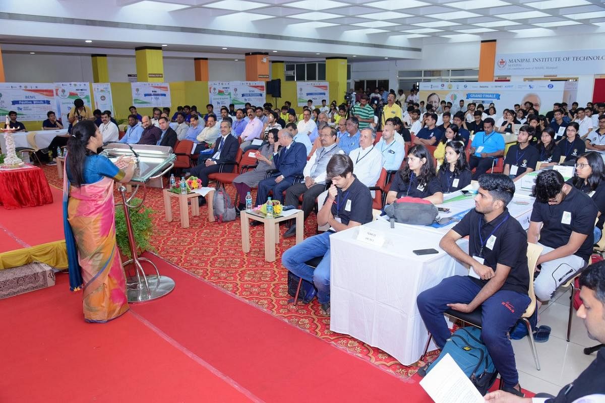 Deputy Commissioner Hephsiba Rani Korlapati speaks at the third Smart India Hackathon held at Manipal Institute of Technology in Manipal on Saturday.