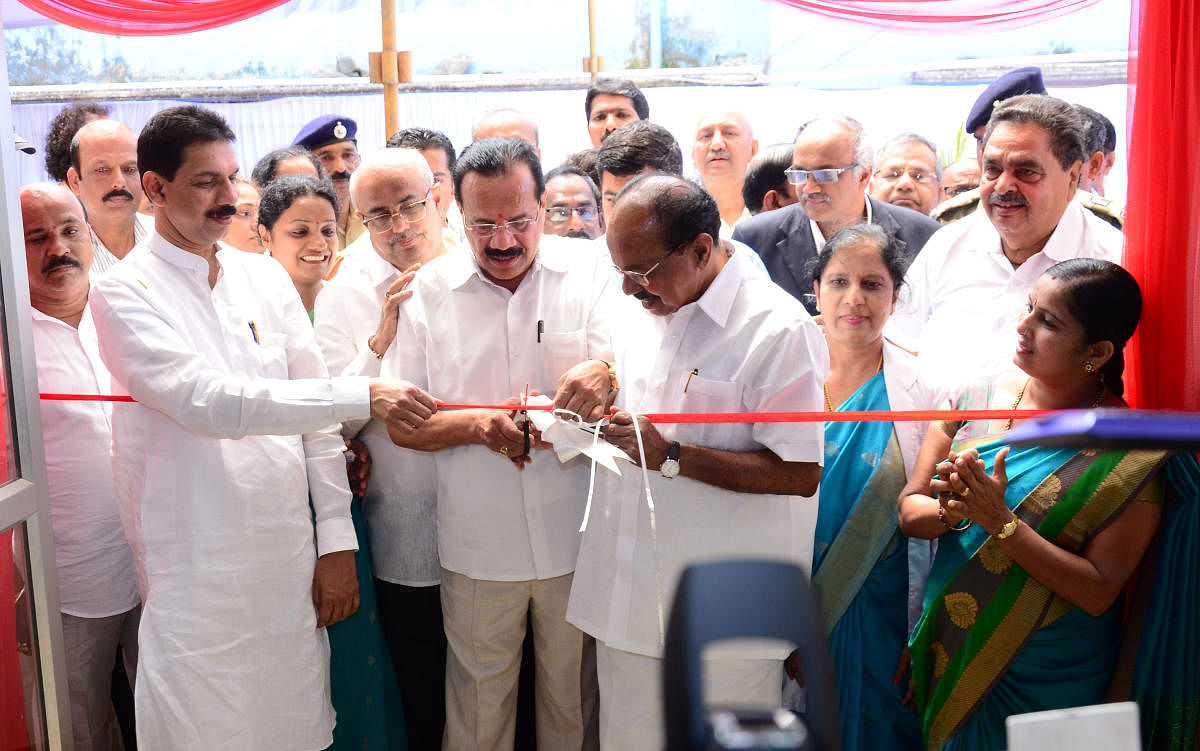 Union Minister for Fertilisers and statistics and programme implementation D V Sadananda Gowda inaugurates the ONGC-MRPL Anniversary Wing of Lady Goschen Hospital in Mangaluru on Saturday. District In-charge Minister U T Khader, Members of Parliament Nali