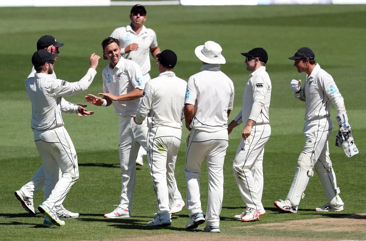 New Zealand celebrate the wicket of Liton Das of Bangladesh during day four of the first cricket Test match between New Zealand and Bangladesh at Seddon Park in Hamilton. (AFP Photo)