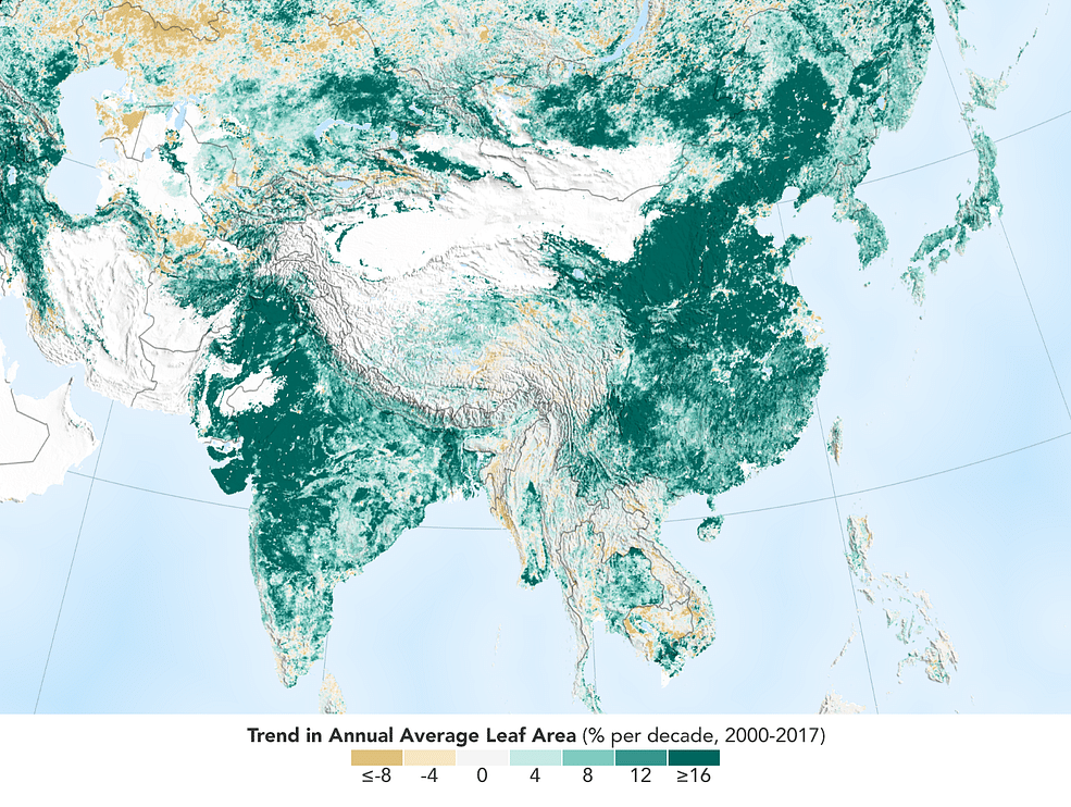 Trend in Annual Average Leaf Area. Credits: NASA Earth Observatory