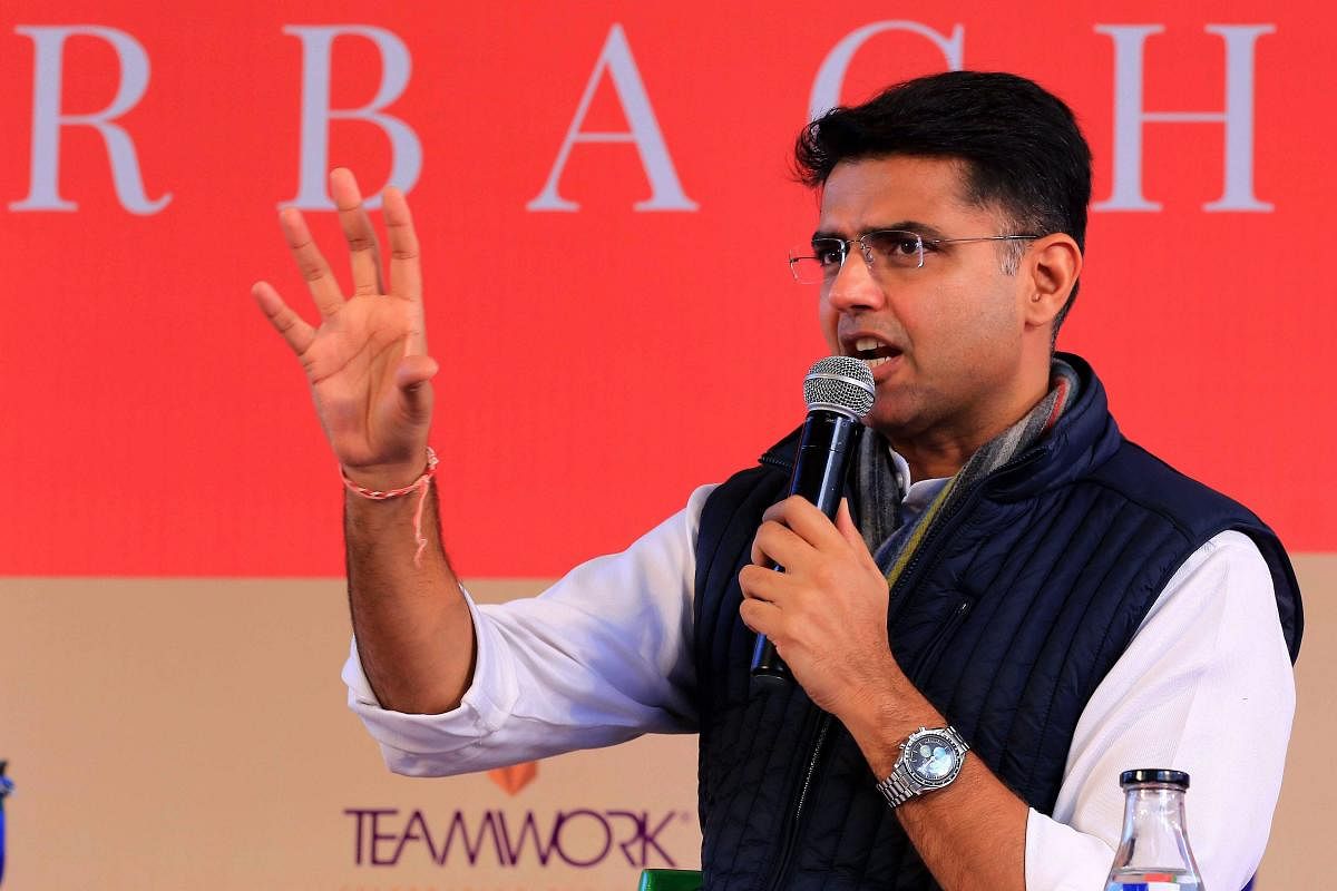 Rajasthan Deputy Chief Minister Sachin Pilot speaks during a session at the Jaipur Literature Festival 2019, at Diggi Palace in Jaipur on Thursday. PTI