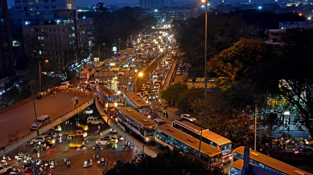 According to the induced demand theory, whenever a flyover is added, the number of vehicles travelling on it also increases, says an expert. (Above) A view of the traffic at Anand Rao Circle flyover. The proposed elevated corridor connects Baptist Hospita