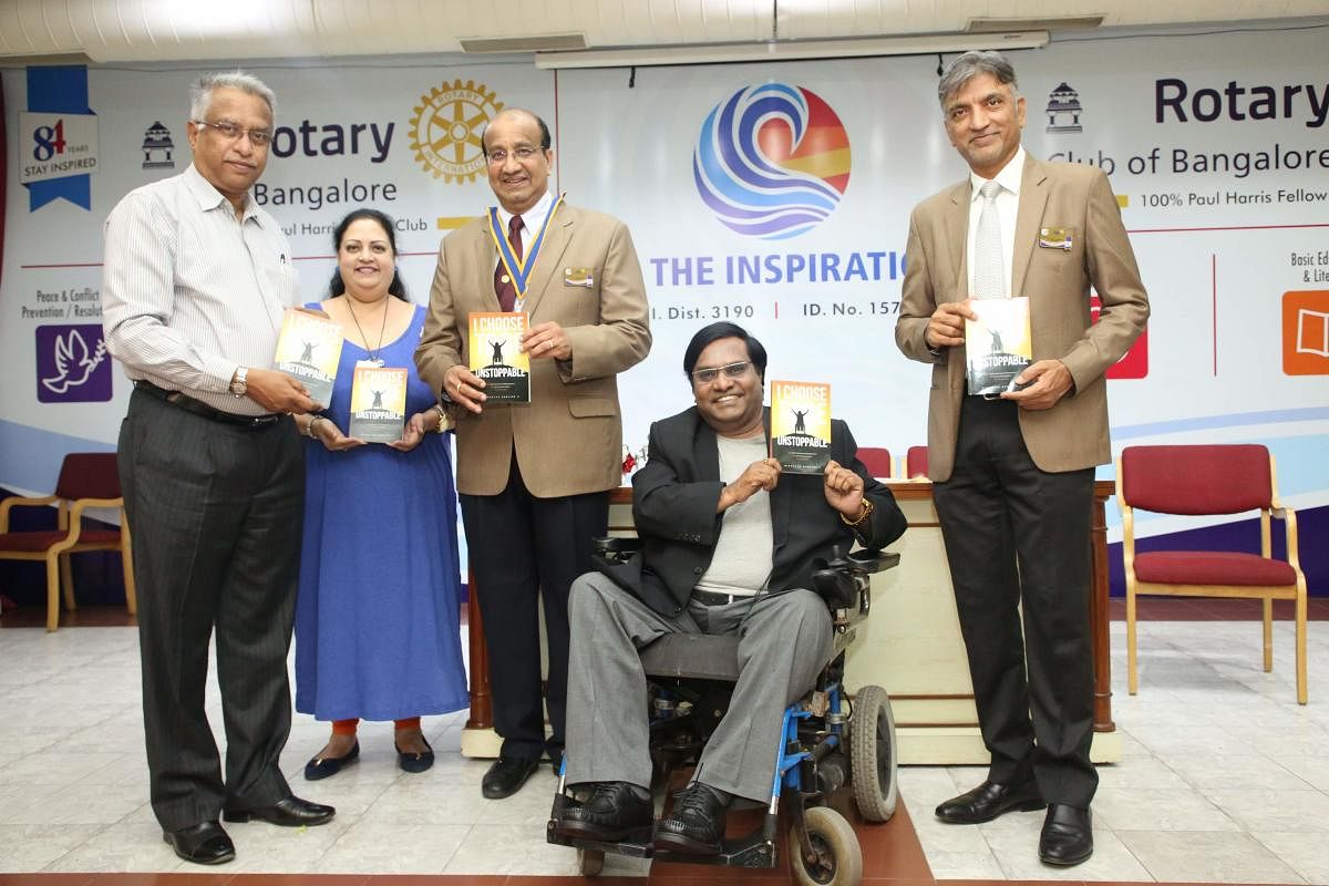 (From left) PDG rotarian Prabhashankar K N, PP rotarian Purnimaa Ranganath, president rotarian Vivek Prabhu, author Niranjan Nerlige and secretary rotarian Musten Jiruwala at the book launch.