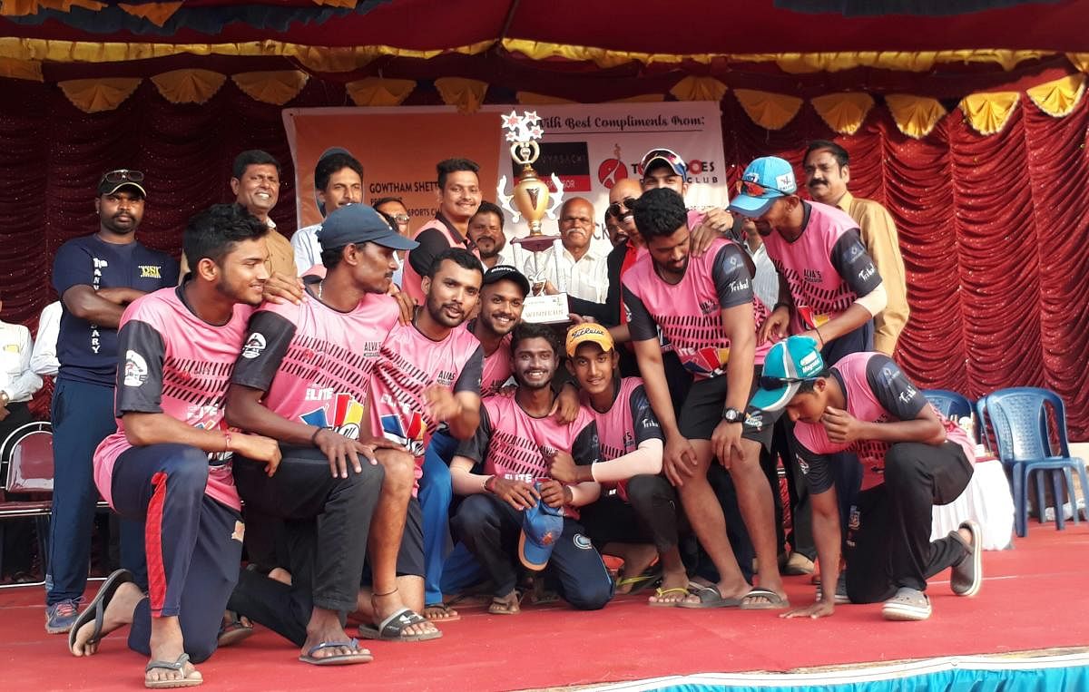 Members of the Alva’s Moodbidri team rejoice after defeating the DNI Home Theater team by 110 runs and winning the prestigious Torpedoes T10 Bash Elite National Cricket Championship at NMPT grounds, Mangaluru.