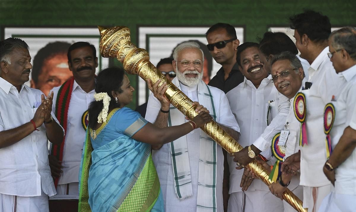 Prime Minister Narendra Modi is felicitated during a public rally of the BJP-AIADMK-PMK alliance, in Chennai. PTI